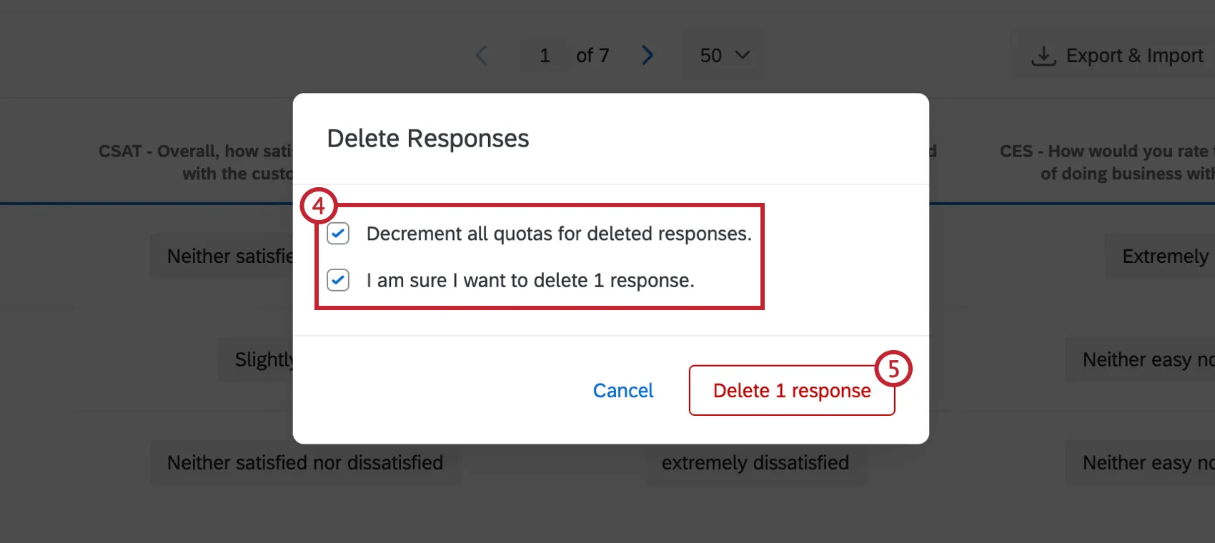 Delete responses window. Two check boxed options. Delete button lower-right in red