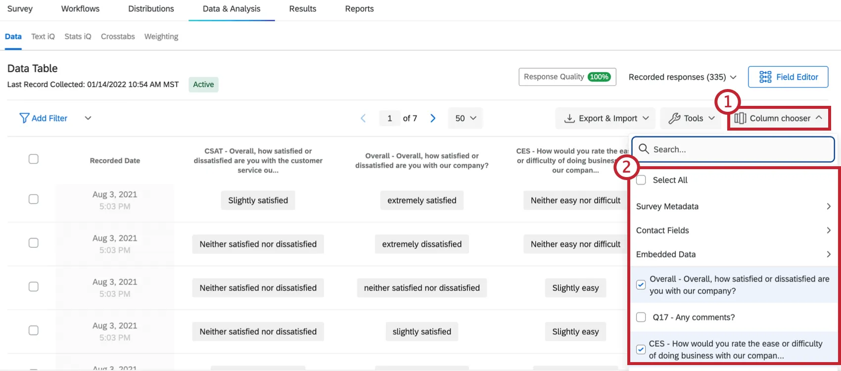 Choosing columns in the Tools menu of the Data & Analysis