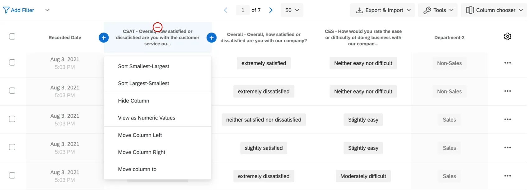 Dropdown-Liste, die beim Klicken auf eine Spaltenüberschrift angezeigt wird