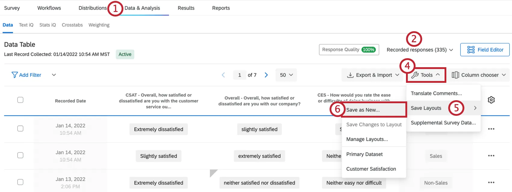 Recorded responses in the Data & Analysis