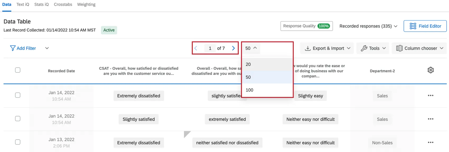The arrows along the top of the responses