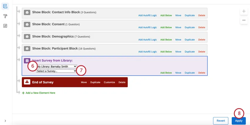 selecting the library and survey to reference. then clicking apply to save changes