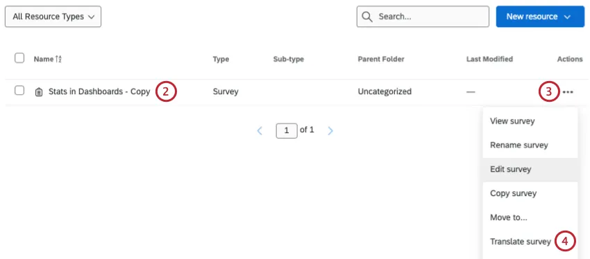 translate survey button within library resource options