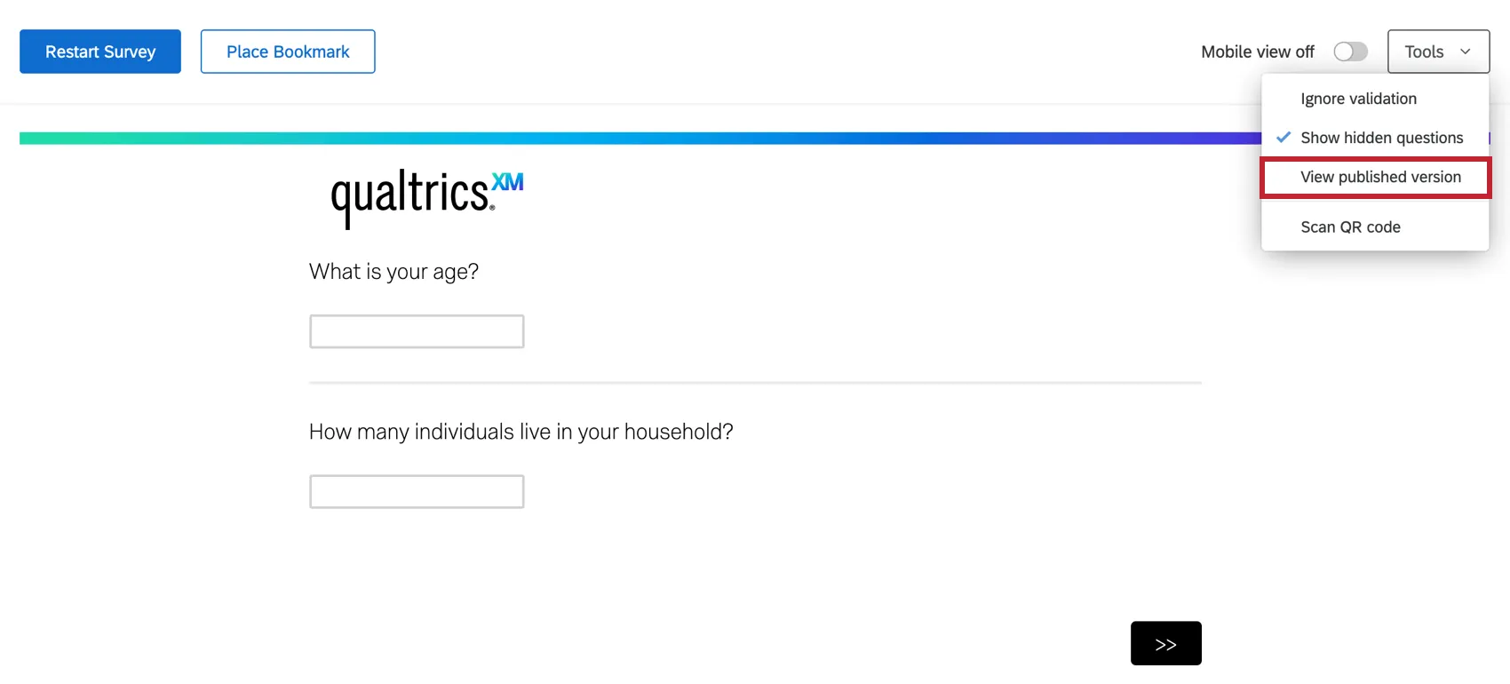 Inside a survey preview, tools dropdown towards center-right very top expanded