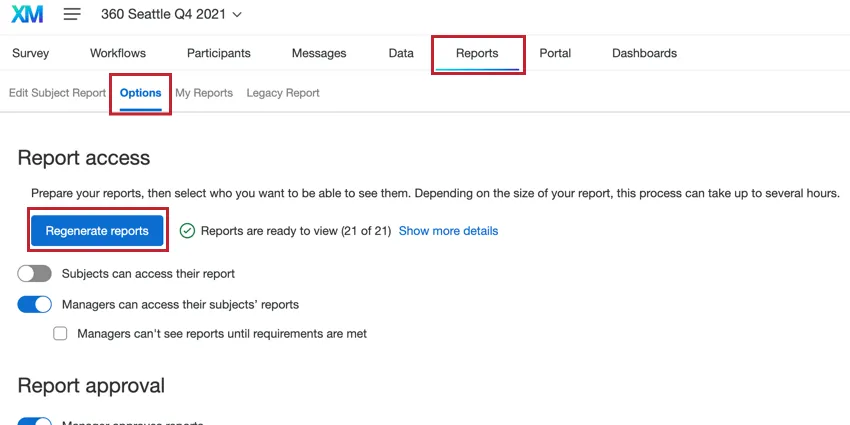 The Regenerate reports buttons in 360 report options