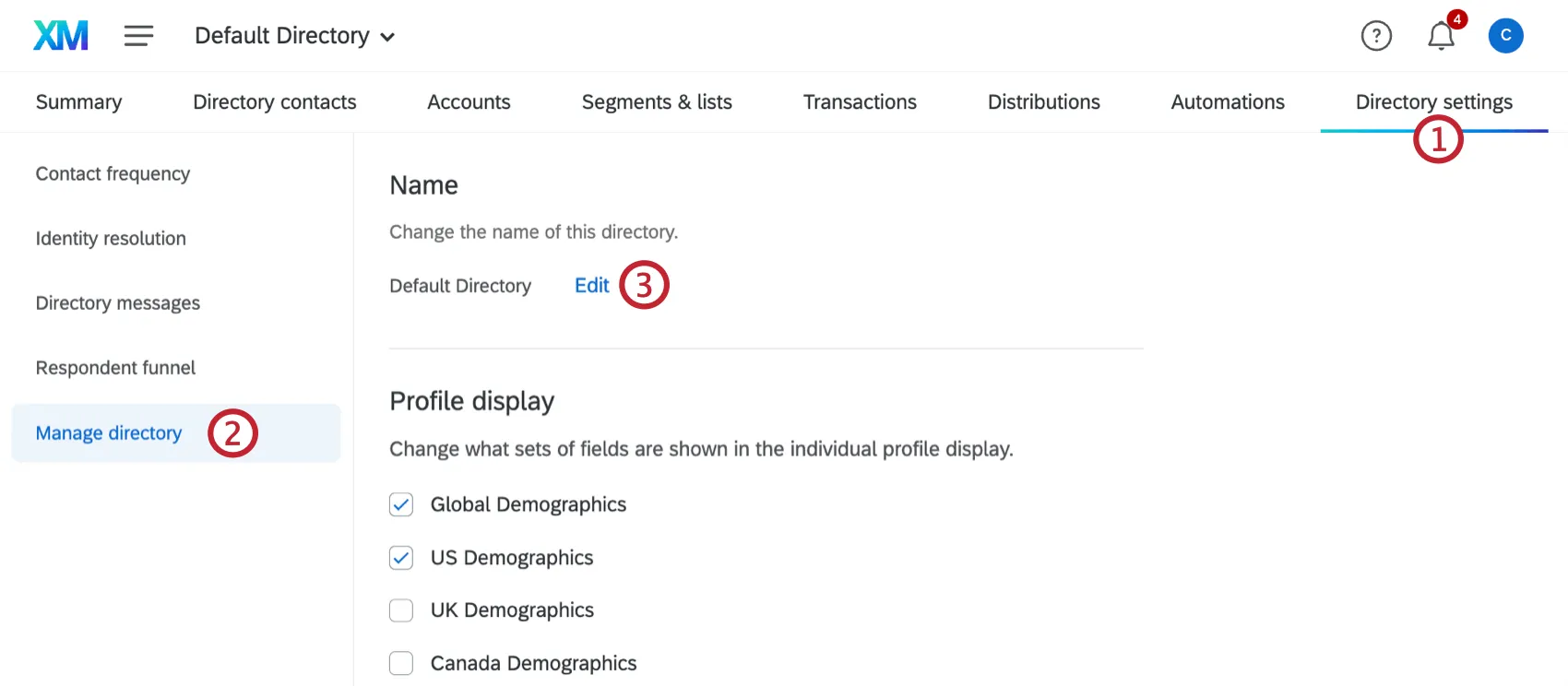 Image of directory settings, manage directory selected to left, renaming option along top of page