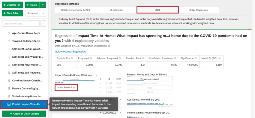 Analyzing OLS Regression with Make Predictions highlighted