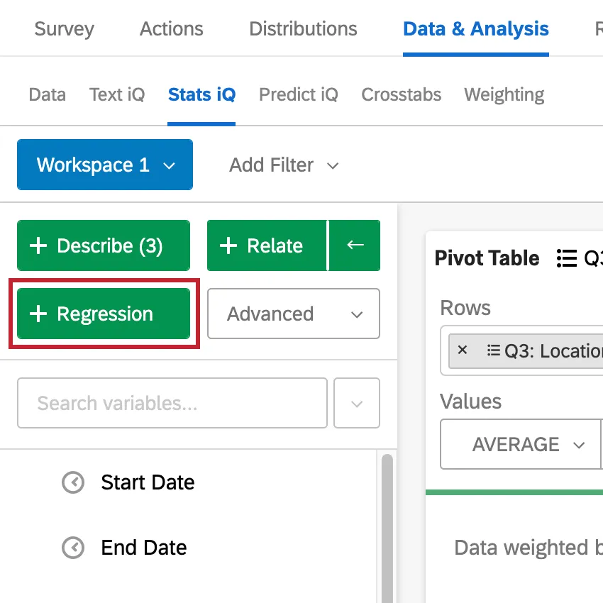 Top-left of stats iQ, selecting the regression button