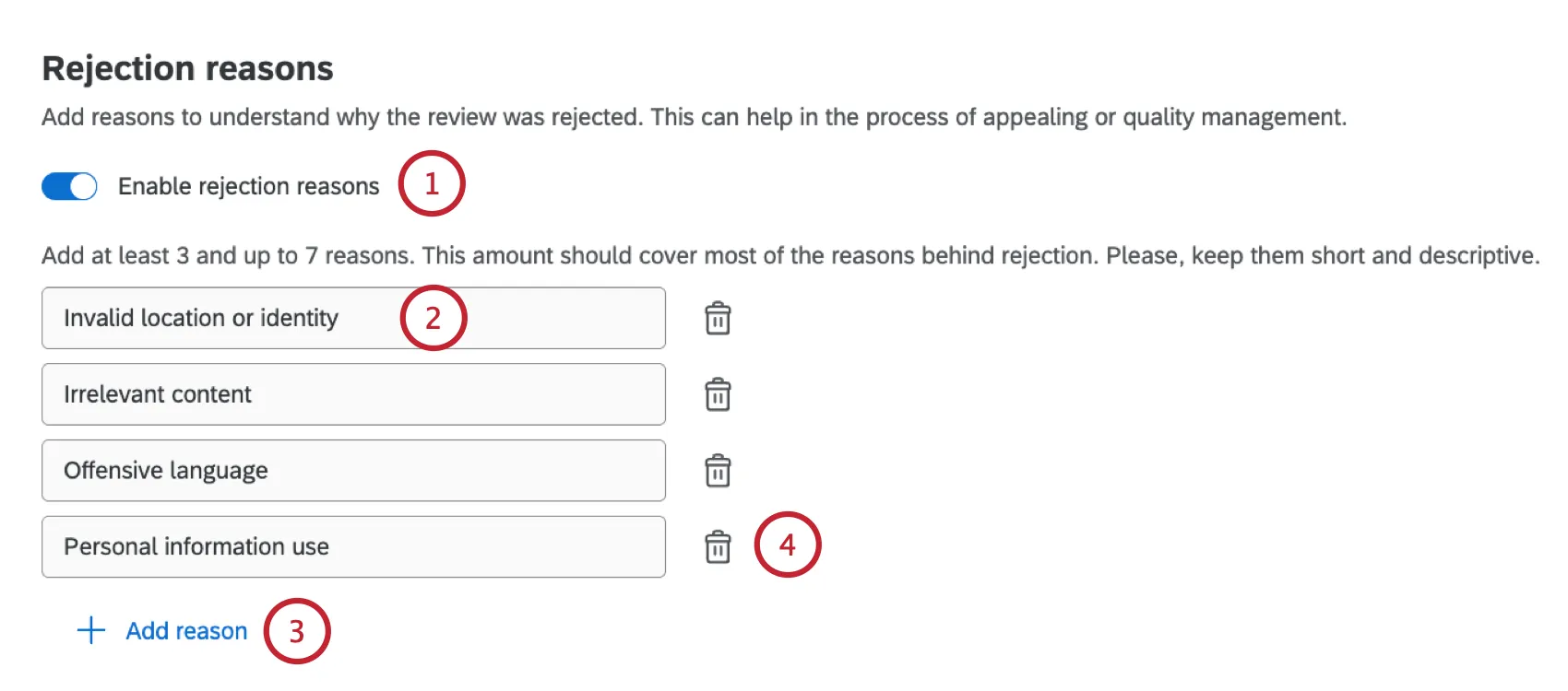 customizing the rejection reasons