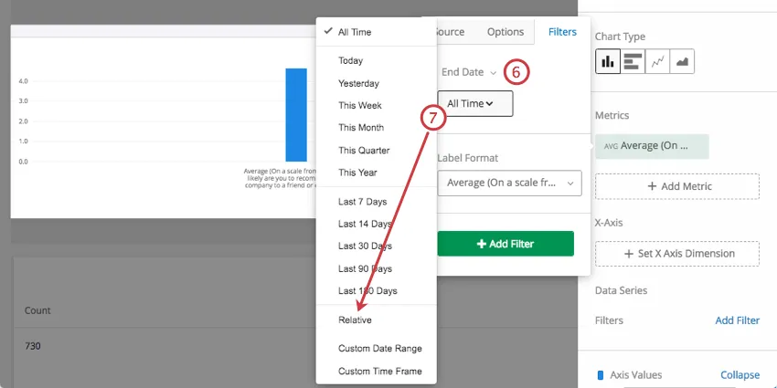 Selecting a date filter in the little dialogue box and seelecting relative from the All Time dropdown box