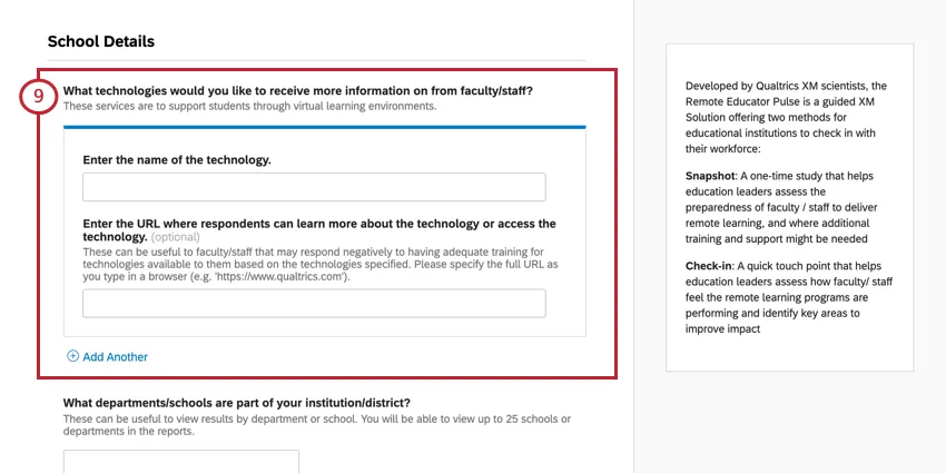 Screenshot einer exklusiven Snapshot-Frage. Es gibt ein blau umrandetes Feld mit zwei Feldern für jede Technologie, die Sie hinzufügen möchten.