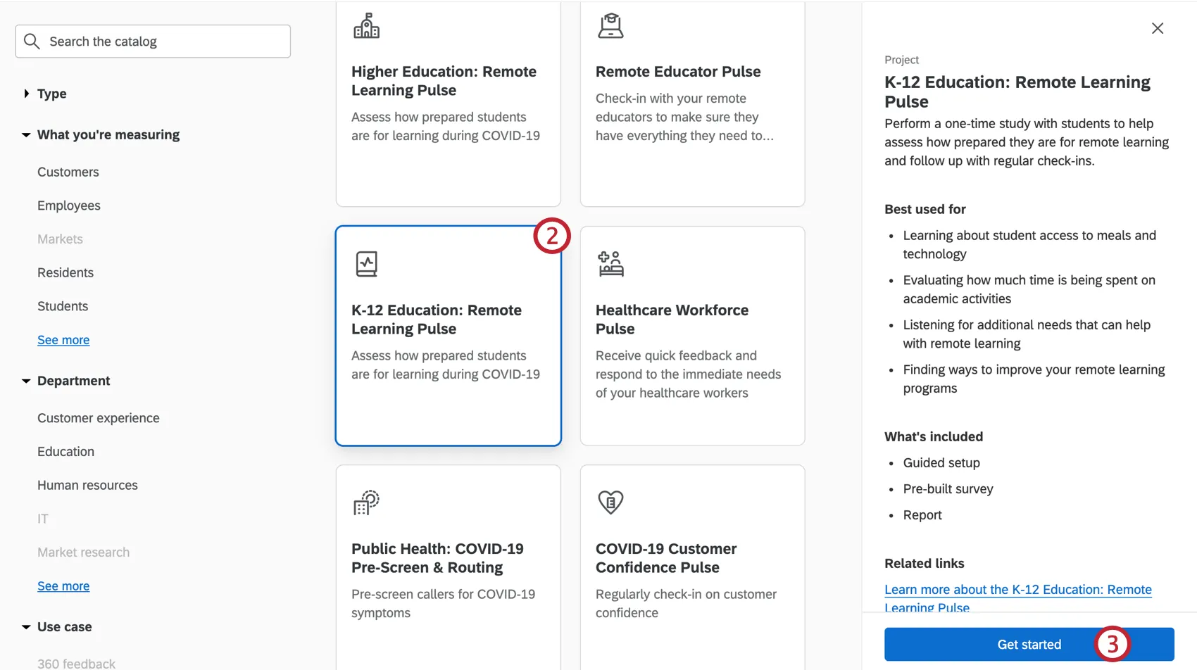 Image of catalog, selecting the described project, seeing a sidebar open on the right describing it, ending with a button to get started creating it