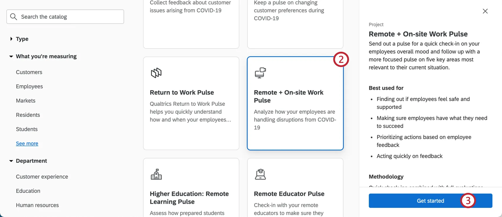 Image of catalog, selecting the described project, seeing a sidebar open on the right describing it, ending with a button to get started creating it