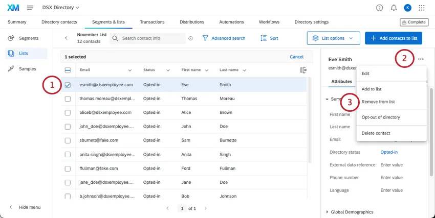 selecting just 1 contact and then selecting remove from list