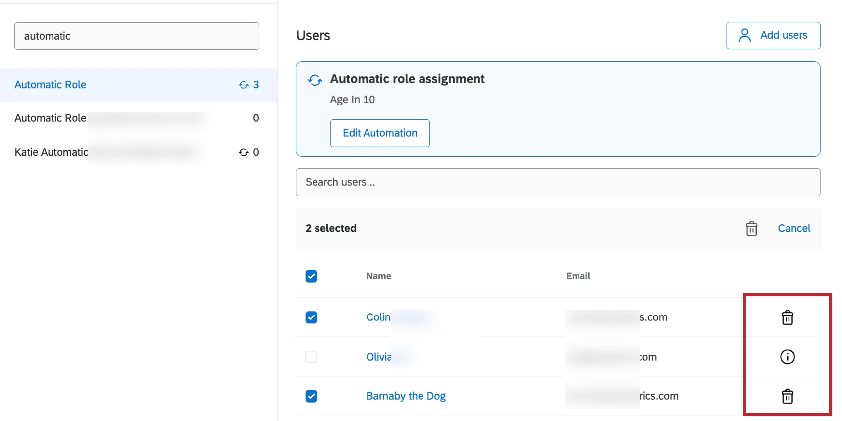clicking the trash can icon next to a user to remove them from the role