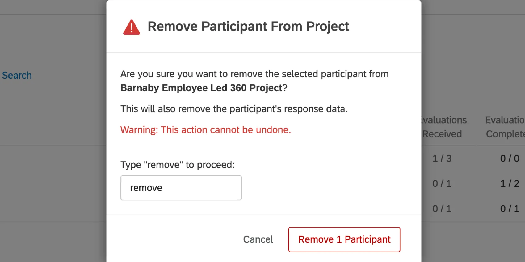 the confirmation window for removing a participant