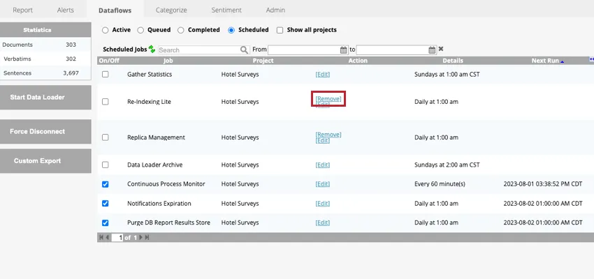 clicking remove to delete the dataflow