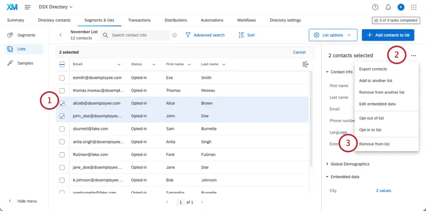 Seleccionar varios contactos y resaltar eliminar de la lista