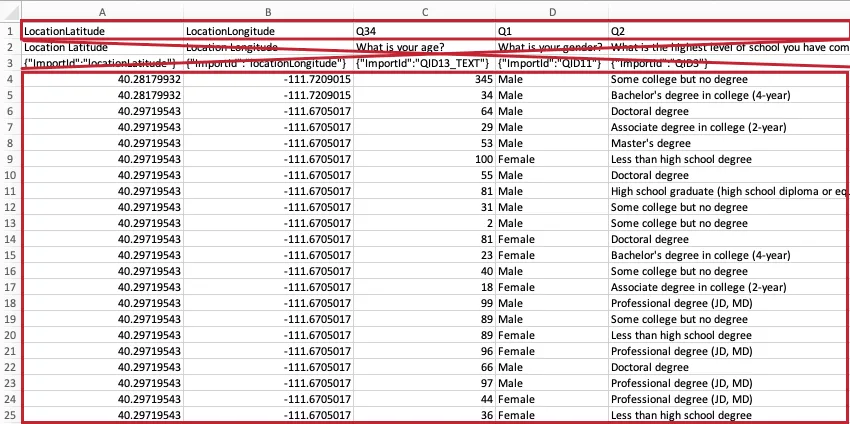 An exported data file that has the first row highlighted but the second and third scratched out