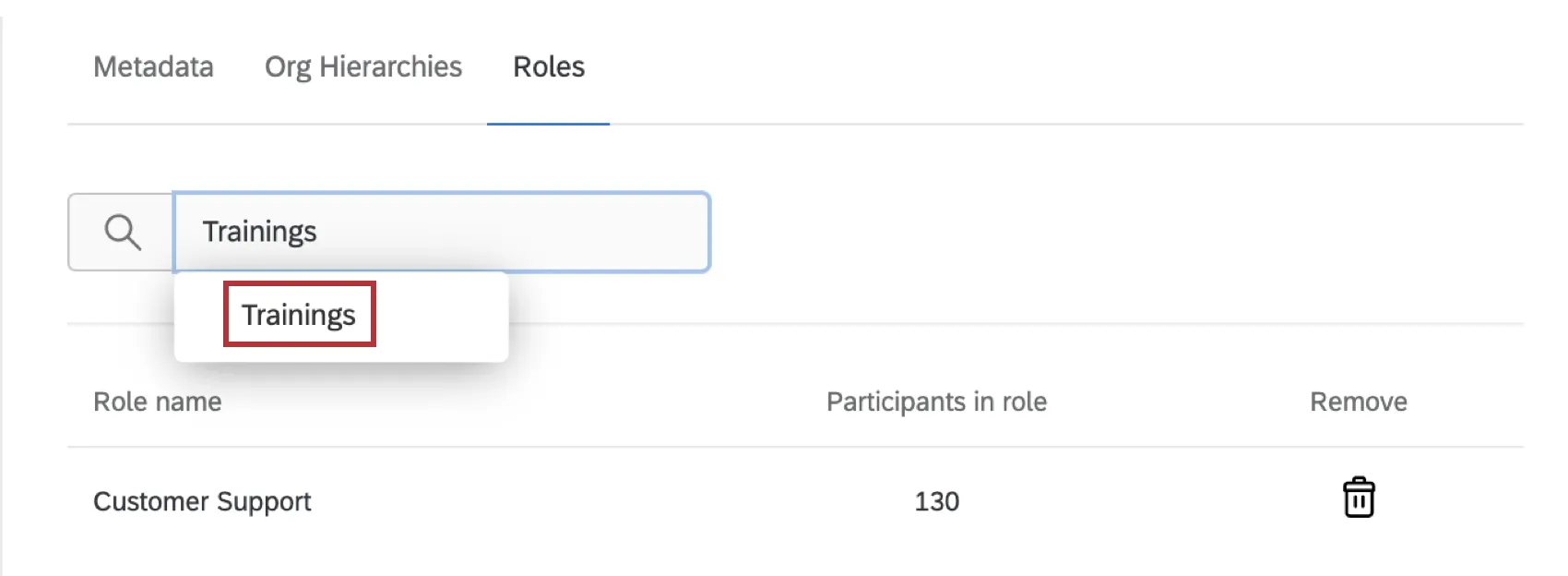 searching for a role named traingings and selecting it from the dropdown