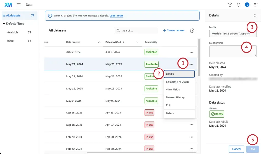 clicar em 3 pontos em um conjunto de dados, selecionar detalhes e, em seguida, ver o menu que se abre à direita