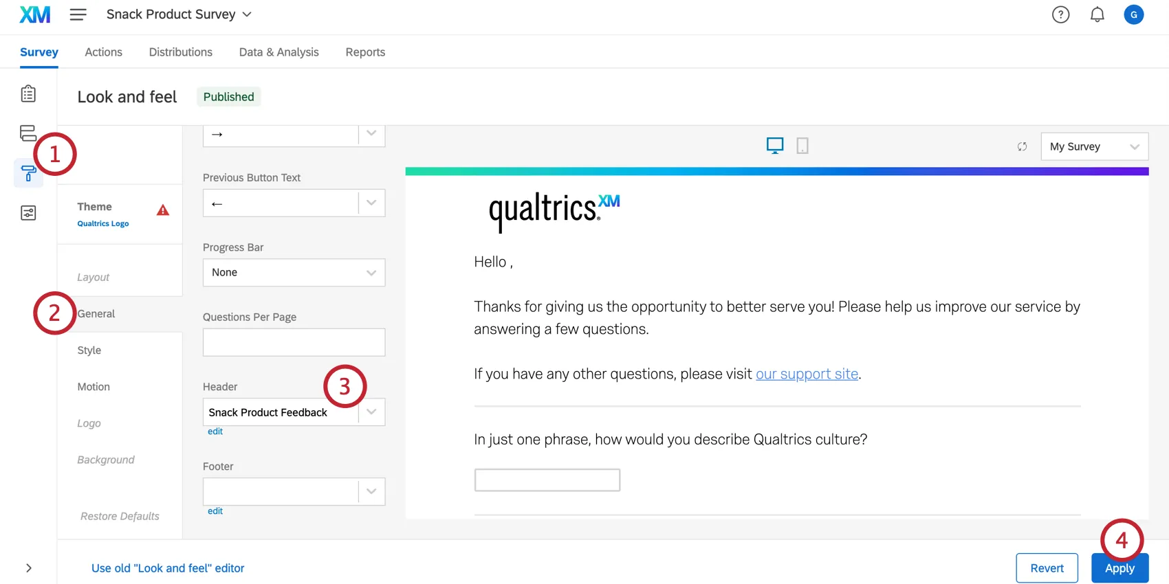 In the Look and feel menu, adding a header to the survey