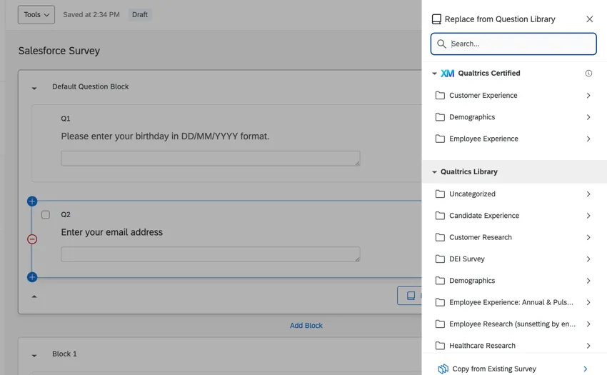 utilizzare lopzione sostituisci dalla libreria per scegliere una domanda del sondaggio