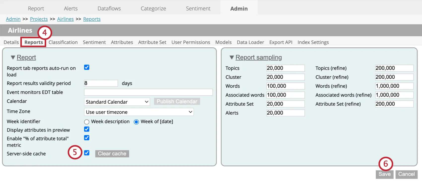 configuration options within the reports tab