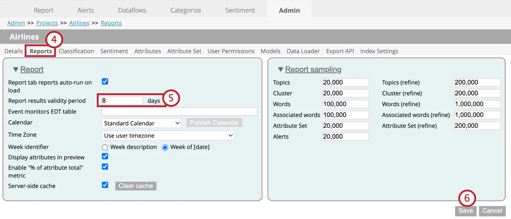 Configuración de la pestaña de informes en la pestaña de administración