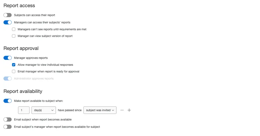 la section des options de rapports dans un projet 360
