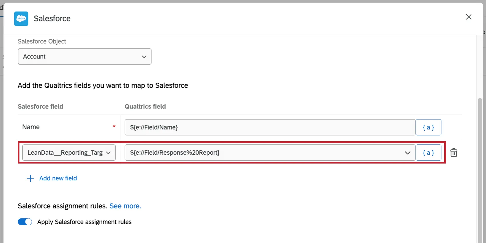 Salesforce field set to an embedded data field