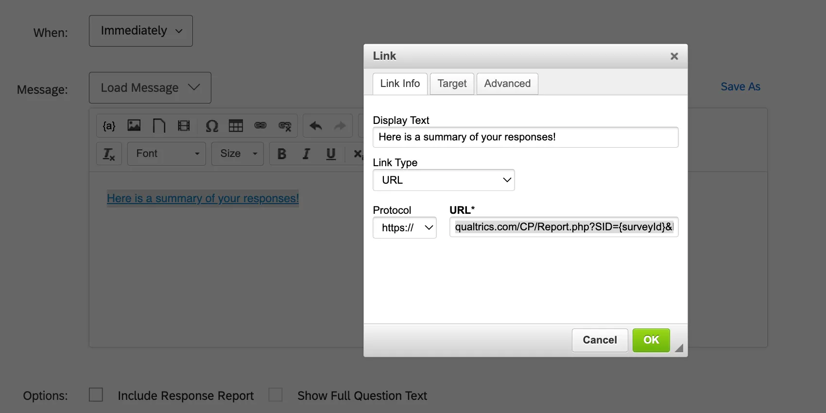 New window opens over the email task editor that shows where the hyperlink is saved