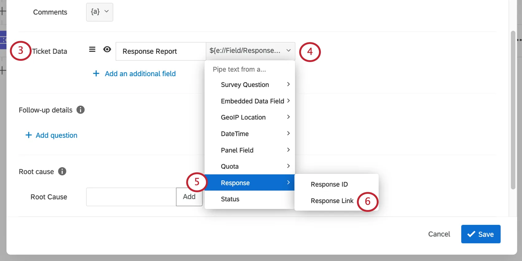Inside a tickets task, scrolled down to ticket data section, piped text menu open