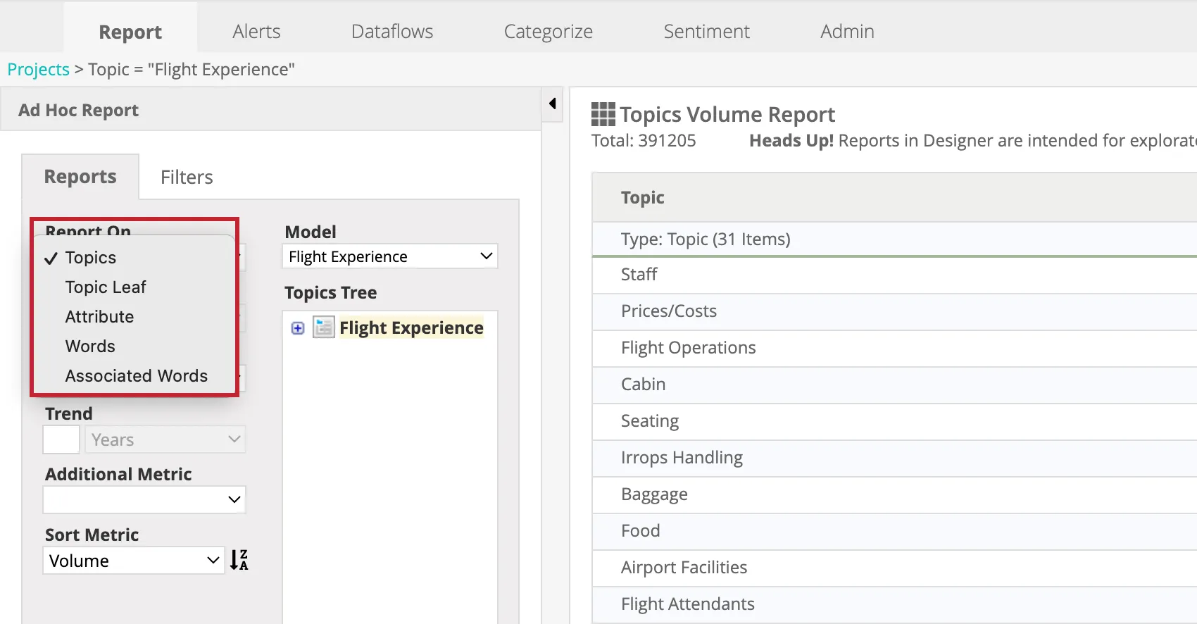 report type dropdown