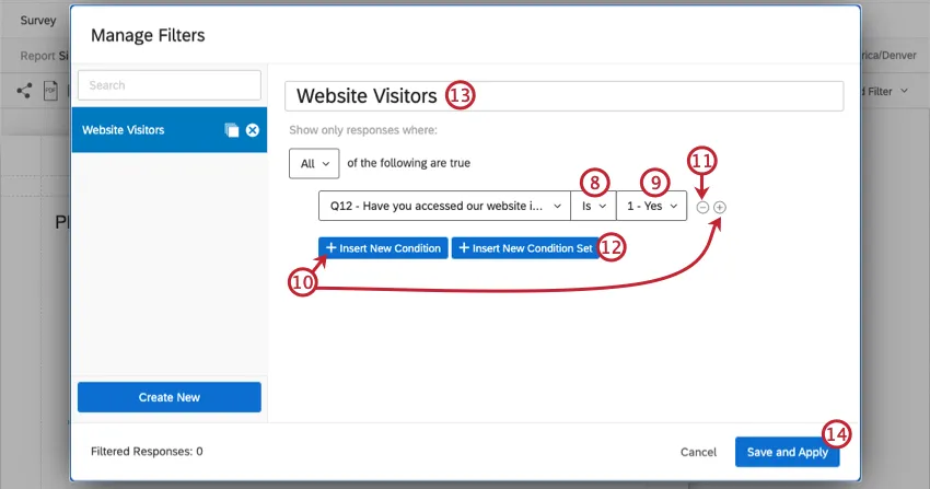 Aggiunta di condizioni nella finestra Manage filters (Gestione filtri)