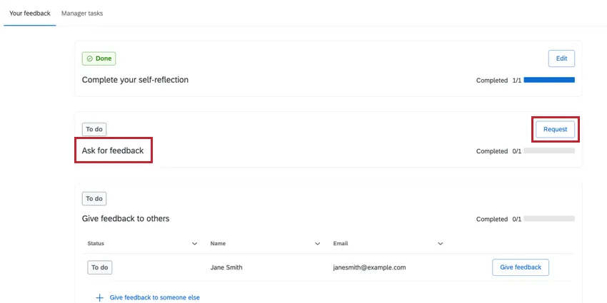 facendo clic sulla richiesta nella sezione "Richiedi feedback"