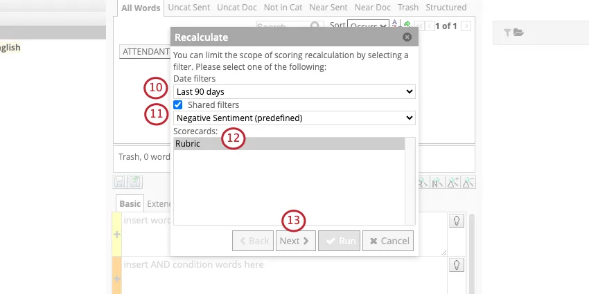 New window where you set recalculate filters