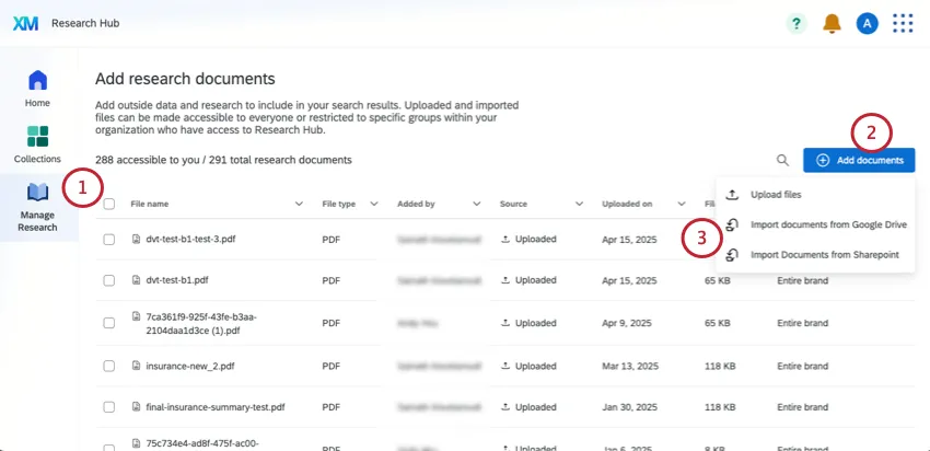imagen de abrir la página de administración de investigación y decidir agregar desde google drive o SharePoint en lugar de cargar desde una computadora.