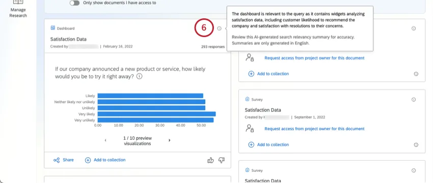 hovering over the tooltip on a widget and learning it was included for the satisfaction data it shows. there are also options to review the results, and a warning they only come in English