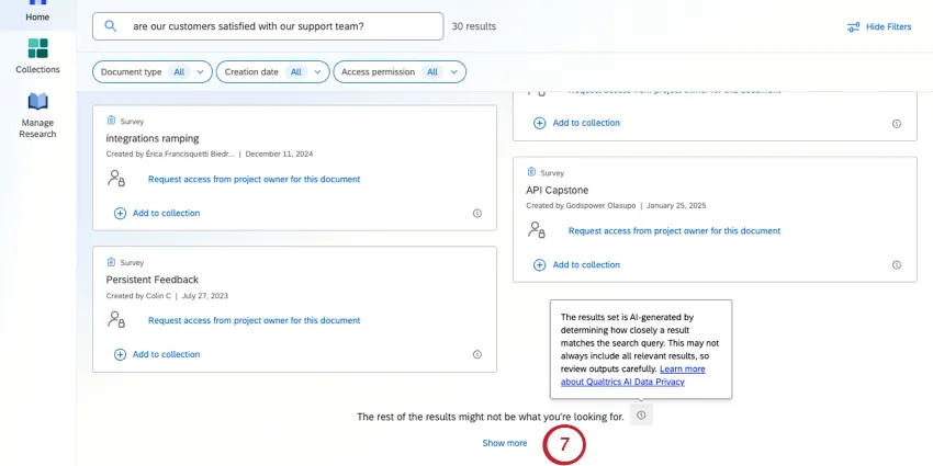 En bas des résultats de la recherche se trouve lavertissement de pertinence et un bouton "Montrer plus" sur lequel vous pouvez cliquer pour charger dautres résultats, moins pertinents