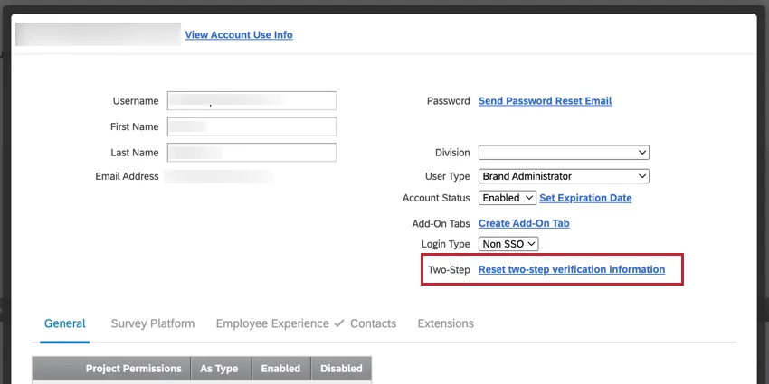 viewing a user and resetting their 2 factor authentication