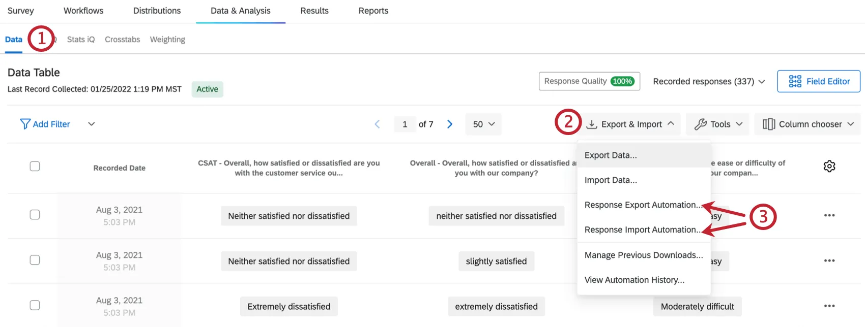 the data & analysis tab. the import & export button has been selected to then choose an automation