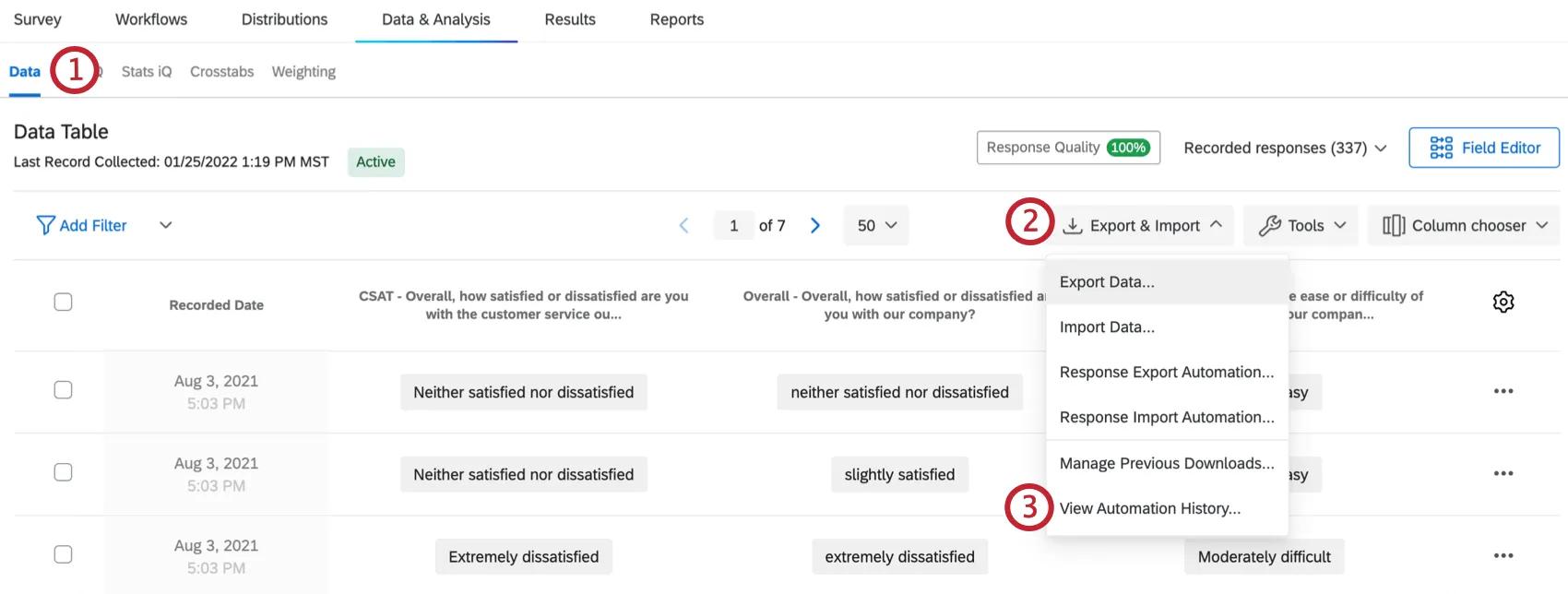 the view automation history option in the export & import menu