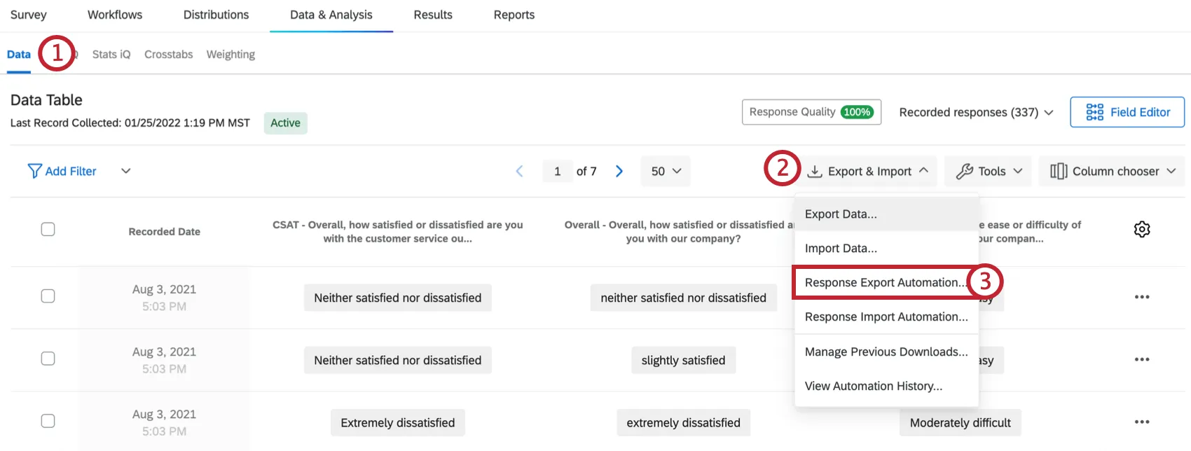 a opção de automação de exportação de respostas no menu exportar & importar em dados e análises