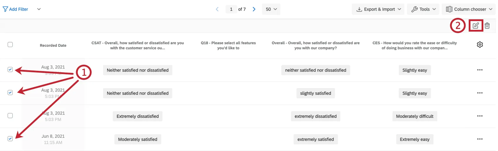 Multiple response checkboxes selected before clicking the Edit button