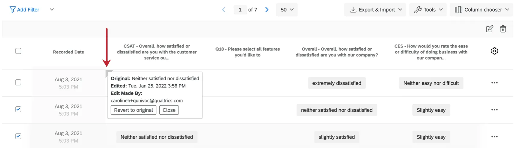 Petit triangle gris dans le coin supérieur gauche de la réponse individuelle avec loption Rétablir loriginal