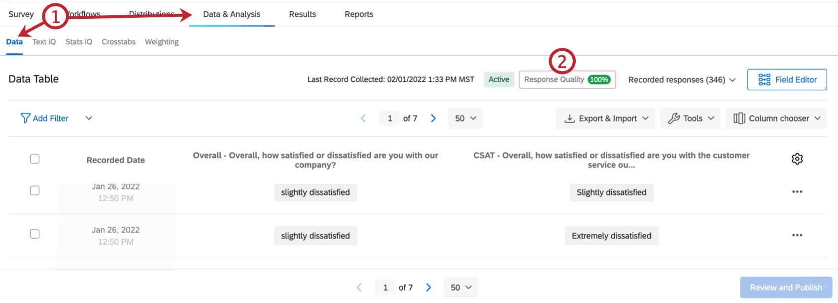 Ouverture du menu de qualité des réponses