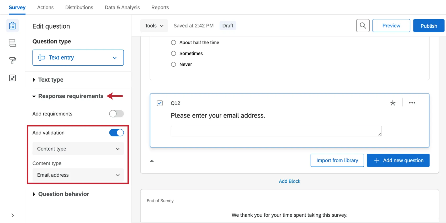Click text entry; content validation on left in editing pane