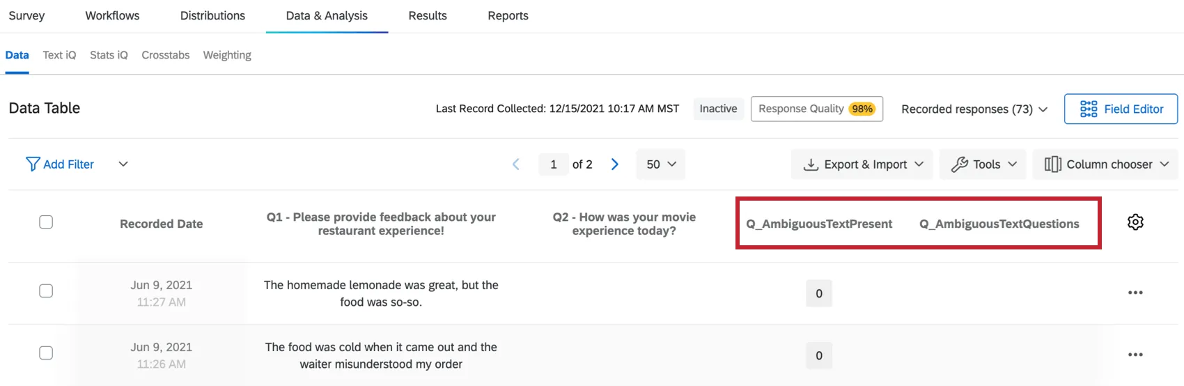 Colunas mencionadas anteriormente nos dados
