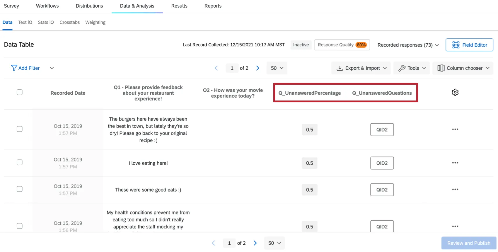 Aforementioned columns on the data page